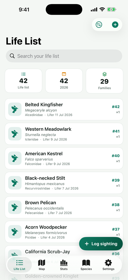 The life list screen, showing 42 species recorded, each numbered by the date it was first seen