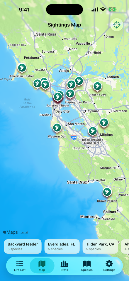 The sightings map, showing bird sightings pinned across the San Francisco Bay Area