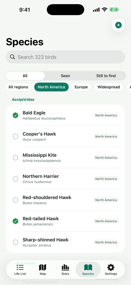 The species browser, showing which birds have been found and which are still to find